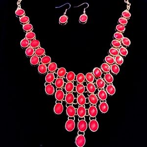 Red Statement Necklace and Earring Set